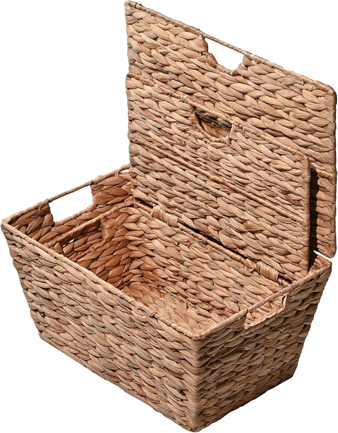 happimess Wilder Hyacinth Storage Baskets with Lids 16", Natural, Set of 2 | Farmhouse Style, Woven Wicker, Built-in Handles, Metal Frame Construction, Nesting For Easy Organization, Rectangular - Image 6