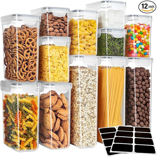 MR.SIGA 12 Pack Airtight Food Storage Container Set for Pantry Organization | Stackable, BPA Free plastic storage containers for pantry, great for snacks, spaghetti, includes 24 reusable sticker labels by MRSIGA