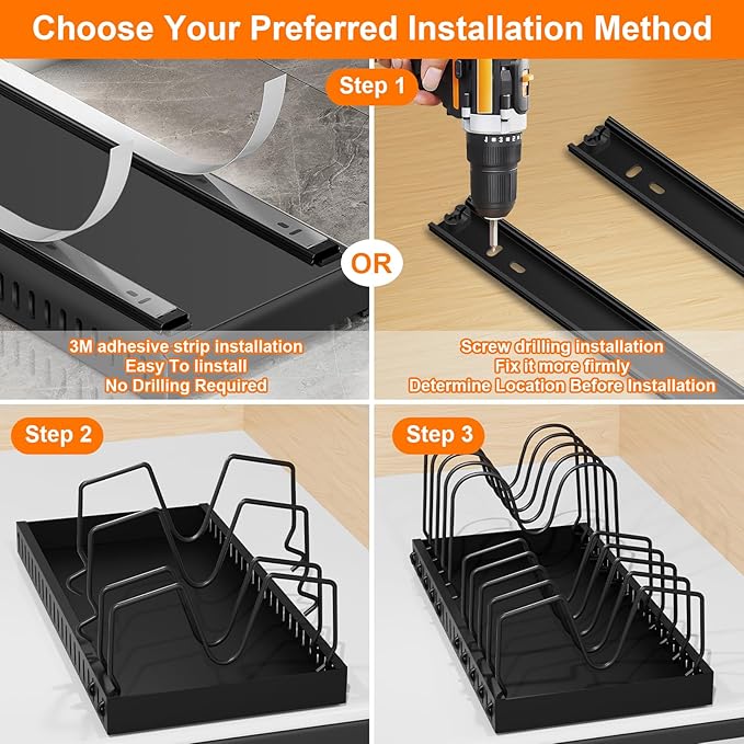 Expandable Pot and Pan Organizer for Cabinet, 10-Tier Sliding Pullout Rack | Under Cabinet Pull Out Shelves with Two Types of Shelves for Pots, Lids, Bottles and Pans, 2 Pack - Image 6