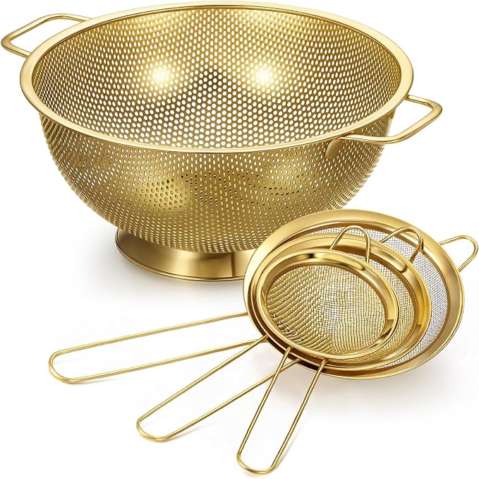 Norme 4 Quart Stainless Steel Gold Colander and 3 Pcs Gold Fine Mesh Strainer, Stainless Steel Pasta Rice Food Metal Strainer with Handles, Easy Clean and Dishwasher Safe by Norme