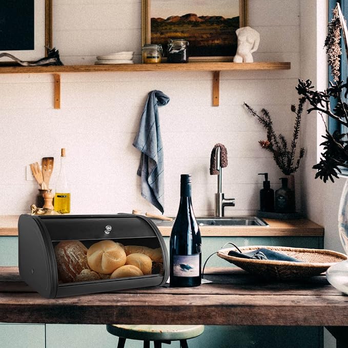 SOTECH Bread Box Vintage for Kitchen Food Grade Light-weight Metal Style Container for Storage Bin Countertop Keeper with Roll Top Farmhouse Rustic Holder Counter Black - Image 7