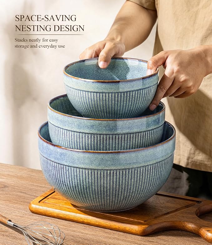 GBhome Ceramic Mixing Bowls Set of 3, Stoneware Nesting Serving Bowls, | 45/90/150 oz For Prep, Baking, Serving, Gift, Microwave and Dishwasher Safe, Ribbed Dishware Collection,Ceylon Blue - Image 8