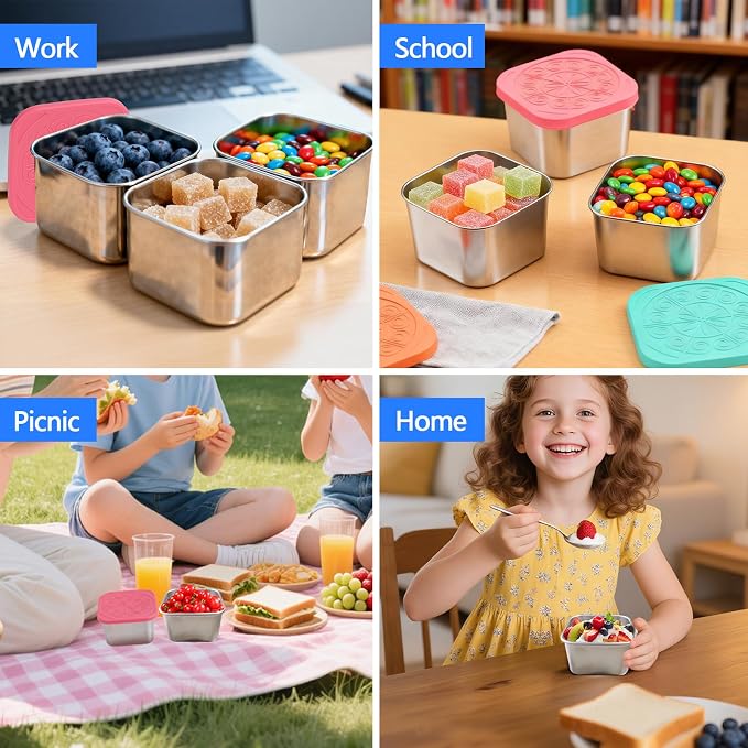 6 Pack 180ml/6oz Stainless Steel Snack Containers with Silicone Lids | 180ml Small Metal Food Storage Boxes for School Daycare Picnic Summer Camp, Reusable BPA-Free Meal Prep Condiment Cups - Image 5