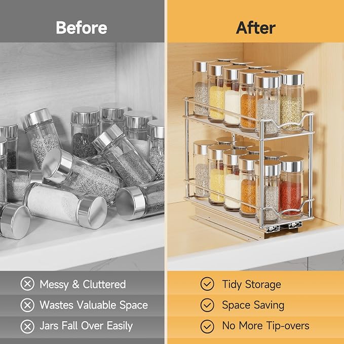 MUDEELA 2 Pack Pull Out Spice Rack for Inside Cabinet, 2 Tier Chrome Spice Organization for Cabinet, Vertical Sliding Out Spice Rack Organizer for Seasoning, 10.4''D×4.8''W×9.3''H - Image 7