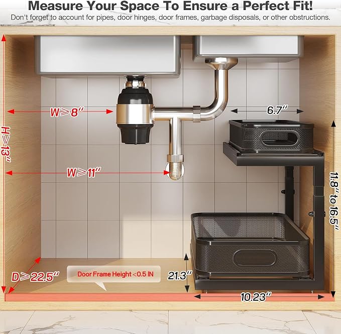 2-Pack 21.3 IN Depth Under Sink Organizer With Next-Gen Ball-Bearing Slides,Sophisticated Mesh 2-Tier Pull Out Shelf for Kitchen & Bathroom,Fits Small Items-Black - Image 2
