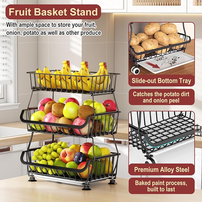 3-Tier Rolling Pantry Cart with Wheels, Stackable Wire Storage Floor Organizer for Kitchen Pantry Snack Shelves, Fruit Basket Stand, Vegetable Storage Rack for Food Snacks Onion Potato - Image 6