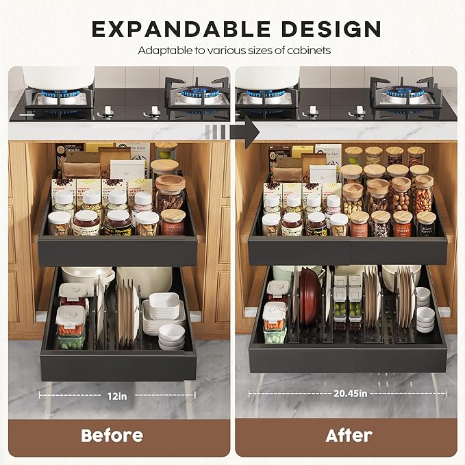Seinloes 4Pack Expandable Pull Out Cabinet Organizer 21"Deep With Raising Pad for Framed Cabinets,Slide Out Drawers with 4pcs Divider Racks,Roll Out Shelves Adhesive,Adjustable Width 12.05"-20.4"Black - Image 3