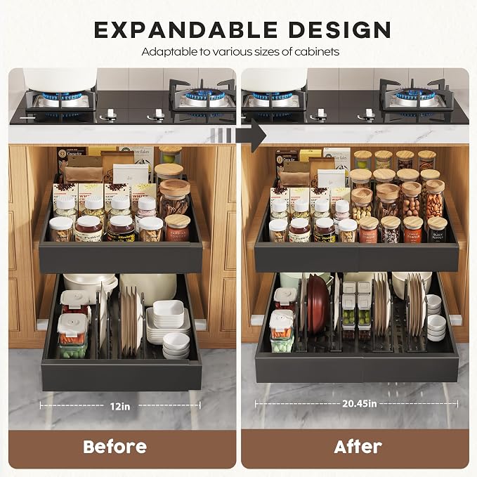 Seinloes 6 Pack Pull Out Cabinet Organizers 21" Deep With Raising Pad for Framed Cabinets, Expandable Slide Out Drawers with 4pcs Divider Racks, Roll Out Shelves, Adjustable Width 12"-20.45" Black - Image 3