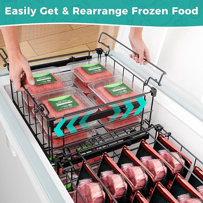 OPENICE Expandable Freezer Organizer Bins for Deep Freezer (4 PCS, Black) | Stackable Bins for Chest Freezer Organization | with 5 Tags for Efficient Classification | Fits 10 to 20 Cu.Ft Freezer - Image 3