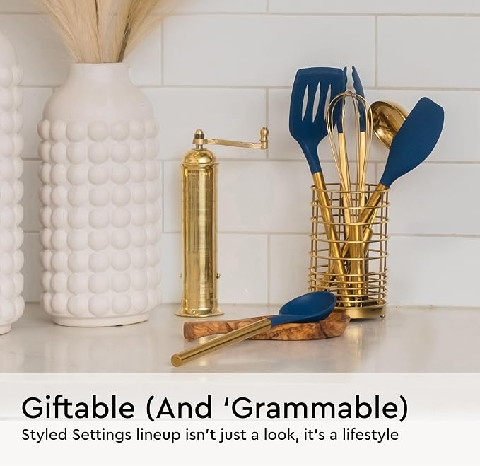 Styled Settings Gold and Navy Blue Kitchen Utensils Set, 7-Piece | Silicone Cooking Tools for Nonstick Cookware with Utensil Holder - Stylish Cooking Gifts for Modern Kitchens - Image 2
