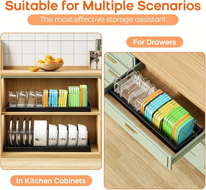 Nigelia Pots and Pans Organizer for Under Cabinet 22" Expandable Food Storage Container Lid Organizers with 10 Adjustable Dividers Pot and Pan Lid Holders Rack Inside Cabinet&Kitchen Countertop(Black) - Image 2