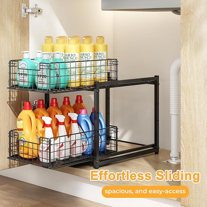 Under Sink Organizer, 2-Tier Pull Out Cabinet Organizer, Kitchen Bathroom Organizer and Storage, Spice Rack for Kitchen, Multi-use Sliding Drawers Shelves (1, Black) - Image 7