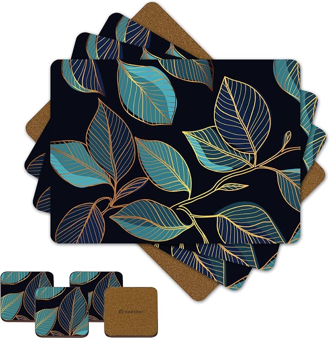 Set of 4 Heat Resistant Cork Placemats for Dining Table with Free Set of 4 Matching Drink Coasters Sage Green Marble Design 16 x 12 Inches Cork Backed Hard Placemats (Blue Gold Botanical) - Image 8