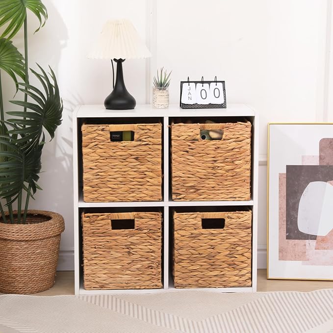 11x11in Storage Baskets 4 Pcs Water Hyacinth Baskets,Foldable Handwoven Storage Cubes - Image 3