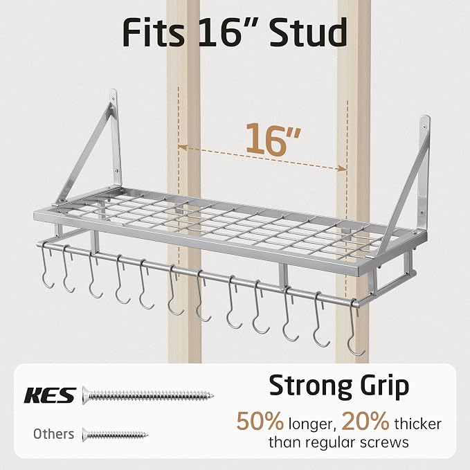 KES 30-Inch Silver Gray Pot Rack with 12 Sturdy Hooks, Wall Mounted | Holds 88 lbs, Cast Iron Pots and Pans Organizer, Kitchen Wall Hanging Hanger Shelves, Modern, KUR215S75A-SG - Image 7