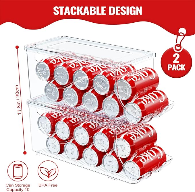 SCAVATA 2 Pack Stackable Refrigerator Organizer, Soda Can Dispenser Pop Cans Container Beverage Holder with Lid for Fridge, Freezer, Kitchen, Clear Plastic Storage Bins-Holds 10 Cans Each - Image 2