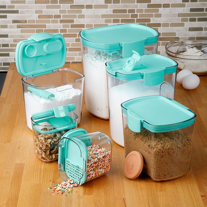 Progressive ProKeeper Baker's Airtight Kitchen Storage Canister Container Set for Flour, Sugar & More, Keeps Ingredients Fresh, with Accessories (Turquoise, 6- Piece) - Image 2