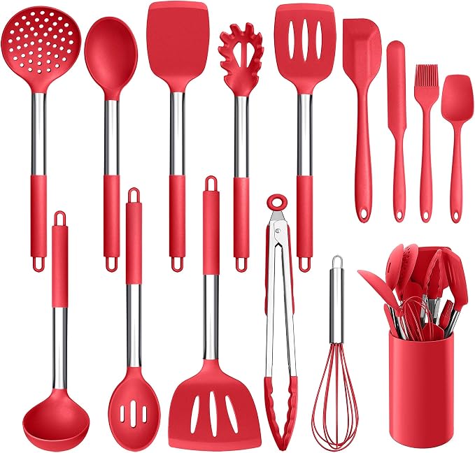 LIANYU 15-Piece Cooking Kitchen Utensils Set with Holder | Silicone Kitchen Tools Stainless Steel Handle, Slotted Spatula Spoon Turner Tong Whisk Brush for Cooking, Red by LIANYU