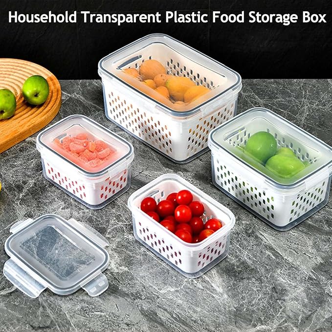 4-in-1 Produce Saver Containers - Fresh Berry Keeper with Removable Colander & Airtight Lid - Stackable Fruit and Vegetable Fridge Organizer Bins - BPA-Free Plastic Food Storage (4pcs) - Image 7
