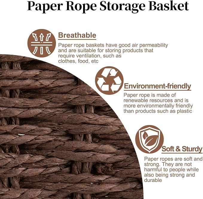 OIAHOMY Pantry Baskets for Organizing, Paper Rope Baskets with Built-in Handles, Wicker Storage Bins for Shelves, 2 Pack-Brown - Image 4
