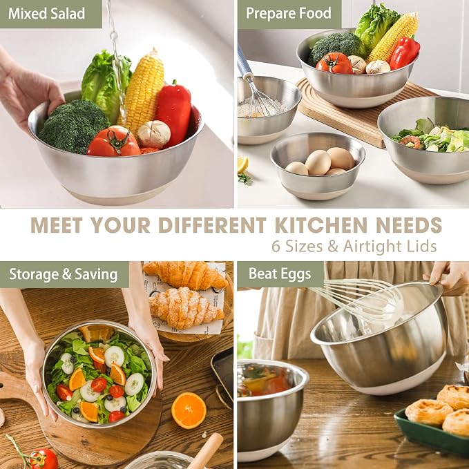 Umite Chef Mixing Bowls with Airtight Lids, 6 piece Stainless Steel Metal Nesting Storage Bowls, Non-Slip Bottoms Size 7, 3.5, 2.5, 2.0,1.5, 1QT, Great for Mixing & Serving (Khaki) - Image 3