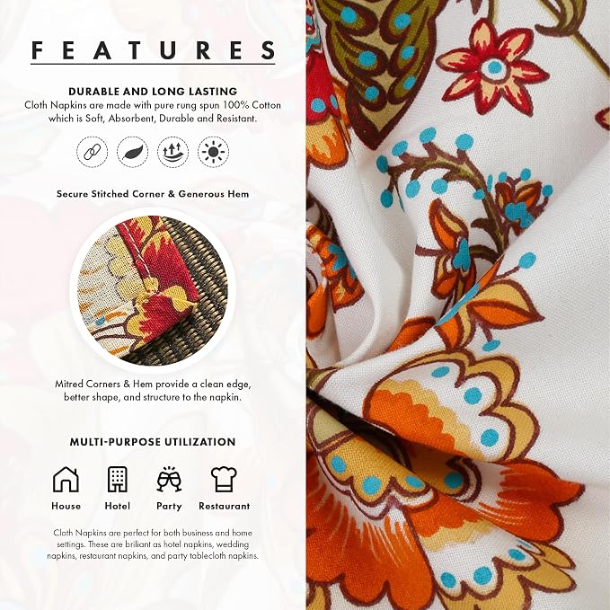 Napkins Fall Printed Cotton Cloth Napkin Reusable Boho Dinner Napkin Set Washable Dish Napkin for Gifts, Home Decor, Hotel, New Year Party - Kaveri - Set of 6, 20x20 Inches - Image 7