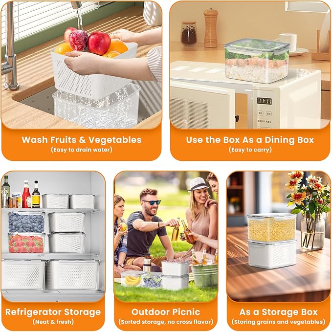 Fruit Storage Containers for Fridge - 5 PCS Poduce Containers for Fridge - with Removable Drain Basket - Keep Fruit Lettuce Berry Vegetables Meat Food Stay Fresher Longer - Image 7