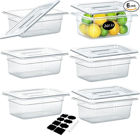 BIEAMA 6 Pack 1/4 Size 6" Deep NSF Polycarbonate Food Pans with Lids | Stackable clear containers for meal prep, buffet, salad bars, commercial & home kitchen; dishwasher safe and freezer safe by BIEAMA