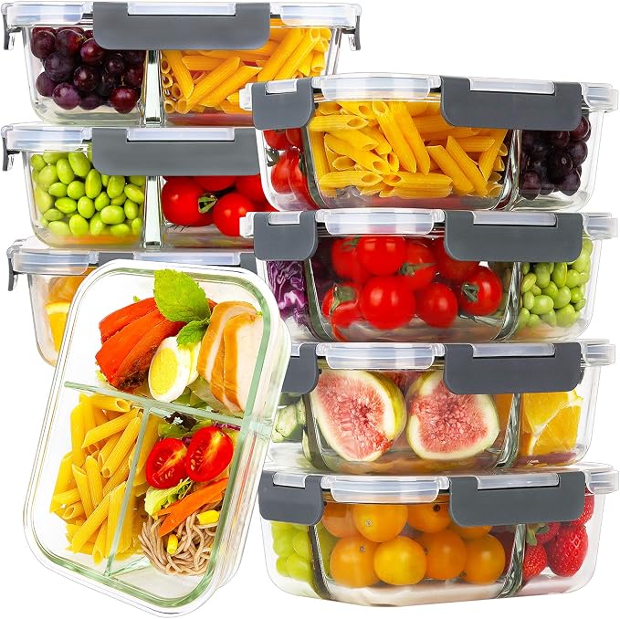 Bayco 8 Pack Glass Meal Prep Containers 3 Compartment, Glass Food Storage Containers with Lids, Airtight Lunch Bento Boxes, Leak Proof (8 lids & 8 Container) - Grey by Bayco