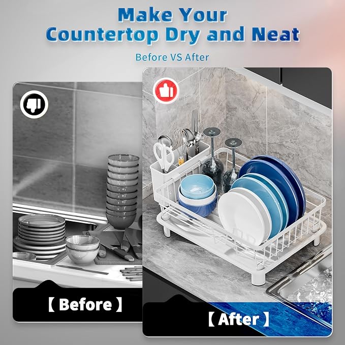 Dish Drying Rack, Stainless Steel-Dish Rack, (White-11 W x 15" L) | Dish Racks for Kitchen Counter, Kitchen Dish Drainers with Removable Utensil Holder,New drain outlet, - Image 3