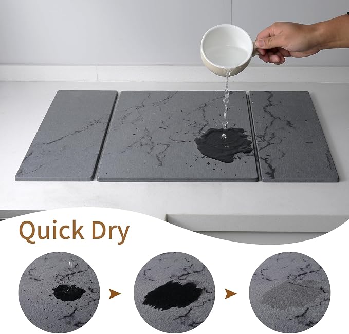 Stone Drying Mat for Kitchen Counter,Foldable (Gray (3-fold), 24" × 16") | Large Quick-Dry Diatomaceous Earth Dish Drying Mat with PU Non-Slip Base,for Bottles Cups Dishes - Image 4
