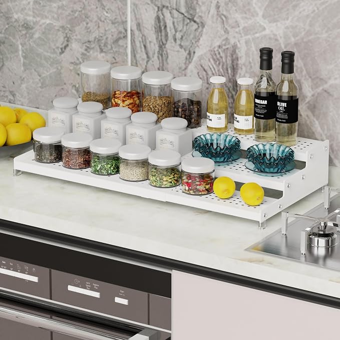 Expandable Spice Rack organizer with 3-Tier step shelf,Modern Design heavy duty,Non Skid and Visibility,Great for Kitchen Cabinet,Bathroom,dressing table,Cupboard, Pantry and more(1PACK/WHITE) - Image 2
