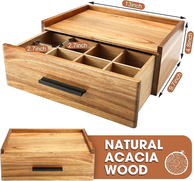 Acacia Wood Tea Bag Organizer - 12-Compartment Capacity Tea Box Organizer Storage Box with Drawer, Tea Accessories for Tea Bags Storage Drawer, Tea Station for Countertop - Image 3