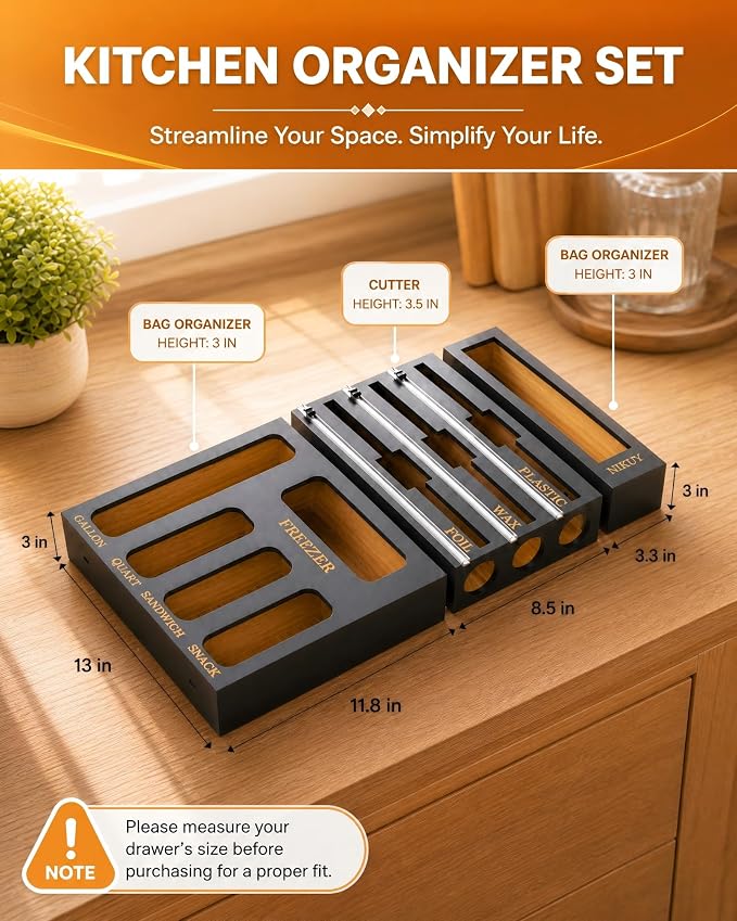 9 IN 1 Bamboo Foil and Plastic Wrap Organizer for Kitchen Drawer, Plastic Bag Organizer Organization and Storage, Food Storage Bag Organizer (BLACK) - Image 7