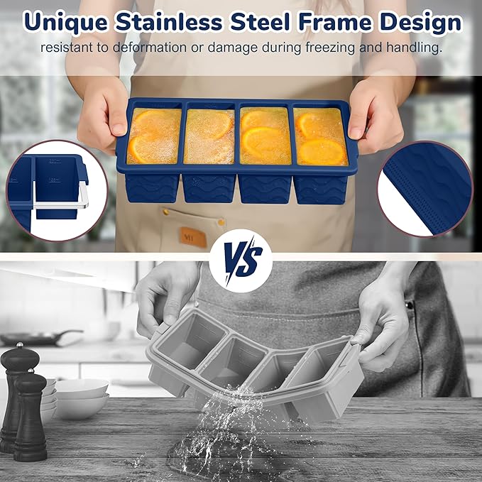 Silicone Freezer Trays with Lid (4-Pack), 1-Cup, 2-Cup, 1/2-Cup & 2-Tbsp Silicone Freezer Molds, Stackable Soup Freezer Meal Prep Containers,Ice Cube Tray for Making Sauce,Smoothies,Yogurt Bites - Image 3