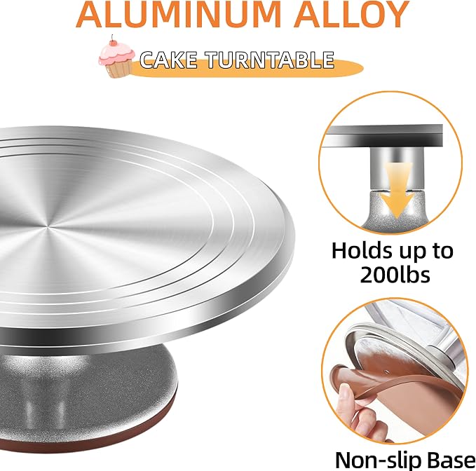 12-Inch Aluminum Alloy Cake Turntable for Frosting, Ultra-Smooth Rotating Icing Stand with Non-Slip Base, Heavy-Duty Decorating Rotating Cake Stand for Baking, DIY Crafts, and Cake Decoration - Image 3