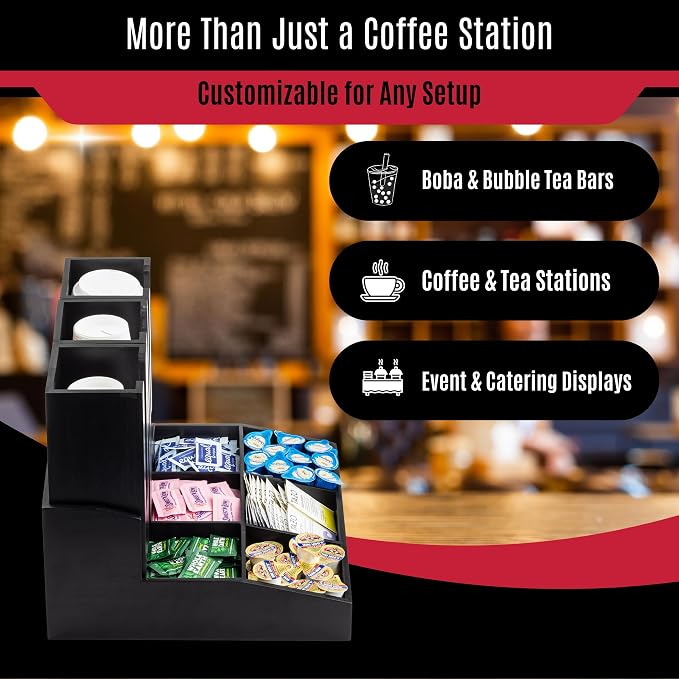 Tablecraft 12690 Coffee Condiment Organizer, 9 Compartments with 3 Removable Cup/Lid Holders, Bamboo Wood Painted Black, Ideal for Cafes, Breakfast Buffets, and Restaurants - Image 4
