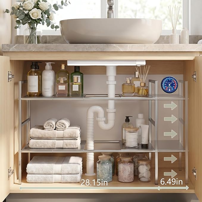Under-Sink Organizer 2-Tier Expandable Cabinet Storage (10 panels) | LED Motion-Sensing Auxiliary Lighting Dial Thermometer Stainless Steel Telescopic & Adjustable Rust-Resistant - Image 4