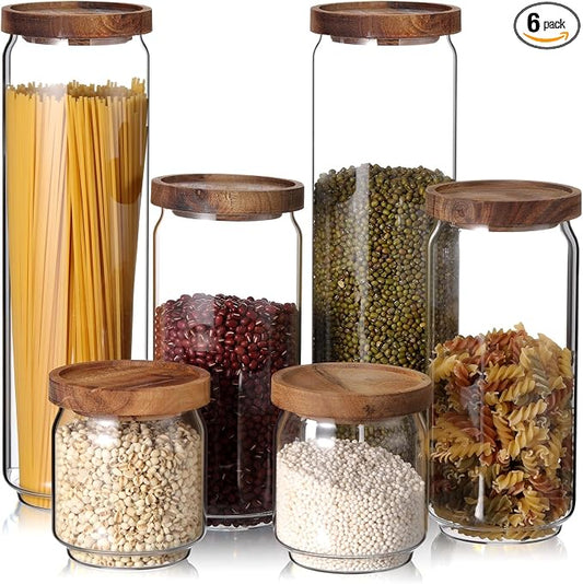 SiliFine 6 Set Glass Pantry Storage Jar with Acacia Airtight Lid 3 Size Glass Storage Container Jar for Pasta Spaghetti Cereal Coffee Bean Flour Sugar Rice, 17oz, 35oz, 53oz (Wood Lid) by SiliFine