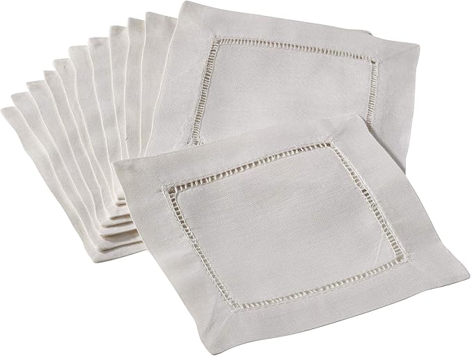 SARO LIFESTYLE Hemstitched Napkins (Set of 12) - Linen Blend Cloth Napkins for Weddings, Holiday Dining, Dinner Parties & Everyday Table Décor, 6"x6", Ecru by SaroLifestyle