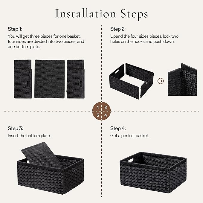 UBBCARE 2 Pack Wicker Basket, 13.4L×8.3H×7.1W inch Woven Paper Rope Storage Baskets for Shelves, Foldable Rectangular Storage Baskets with Handle, Storage Basket for Organizing, Black - Image 2