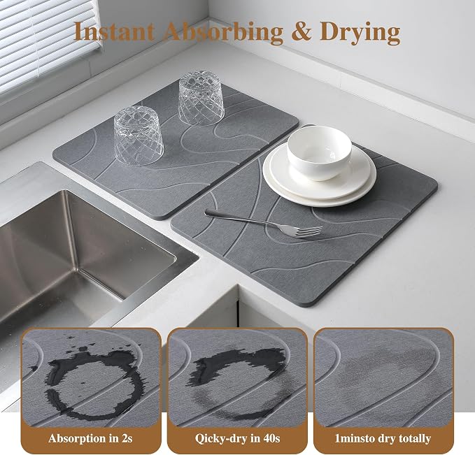 2 Pack Stone Drying Mat for Kitchen Counter, (Gray, 16''x12'') | Quick Dish Drying Stone Mat Kitchen,Stone Dish Drying Mat,Quick-Dry Absorbent Bath & Countertop Stone Dishes Mats - Image 2