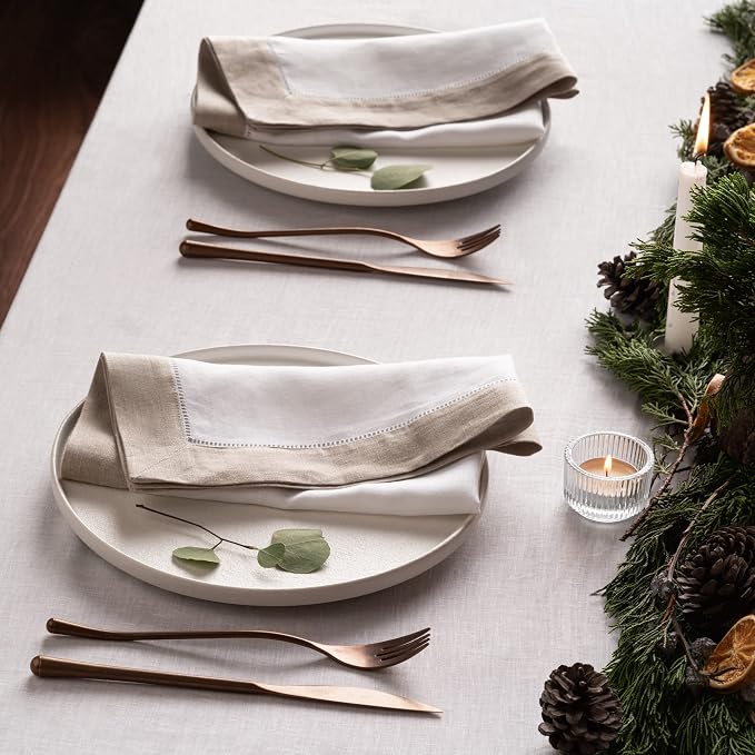 Linen Napkins 20 x 20 inch - 100% Pure Linen White and Natural Dinner Napkins Set of 4 - Hemstitch Napkins Cloth Washable for Easter Day and Spring Decor - Image 4