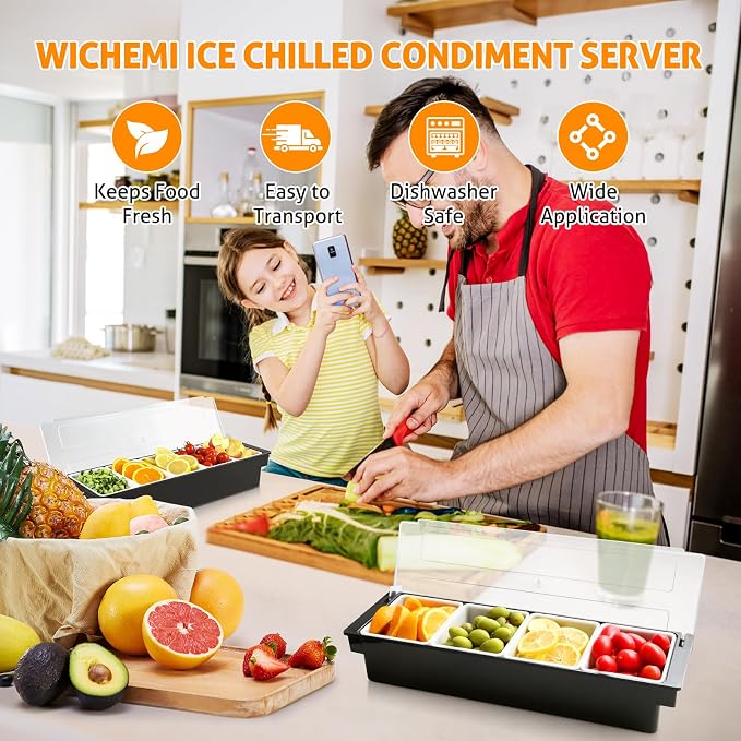 WICHEMI Ice Chilled Condiment Caddy with 4 Removable Trays and Lids | Condiment Container, Taco Bar Serving Tray, Fruit & Garnish Trays Serving Platter for Salad, Party Supplies & Bar Accessories - Image 5