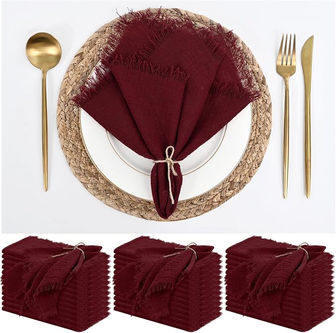 36 Pack Burgundy Napkins Cotton Linen Napkin 16 x 16 Inch Burgundy Napkins Cloth Handmade with Fringe Soft Washable Rustic Dinner Napkin Cloths for Wedding Party Dinner Table by ABKLESACH