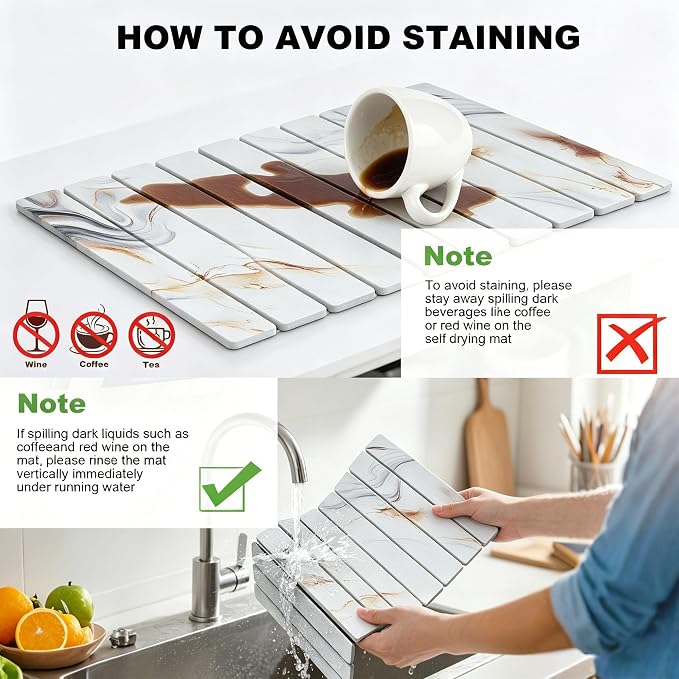 Stone Drying Mat for Kitchen Counter, Quick Diatomaceous Earth Mats for Dishes, 24"L x 16" W Super Absorbent Fast-Drying Collapsible Countertop Stone Mat (Marble White-05, 24" x 16") - Image 6