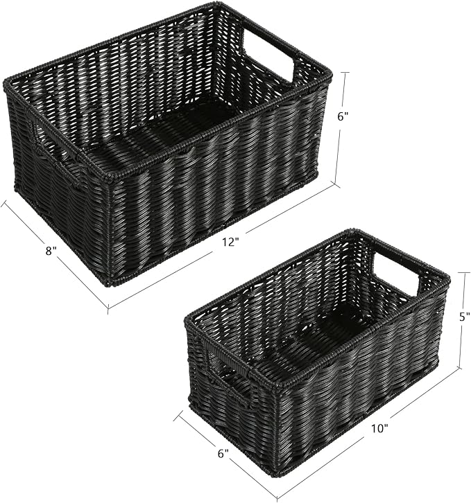 HOONEX Wicker Baskets for Storage, Plastic Baskets for Organizing with Dual Handles, Woven Baskets for Storage, Set of 2, Black - Image 4
