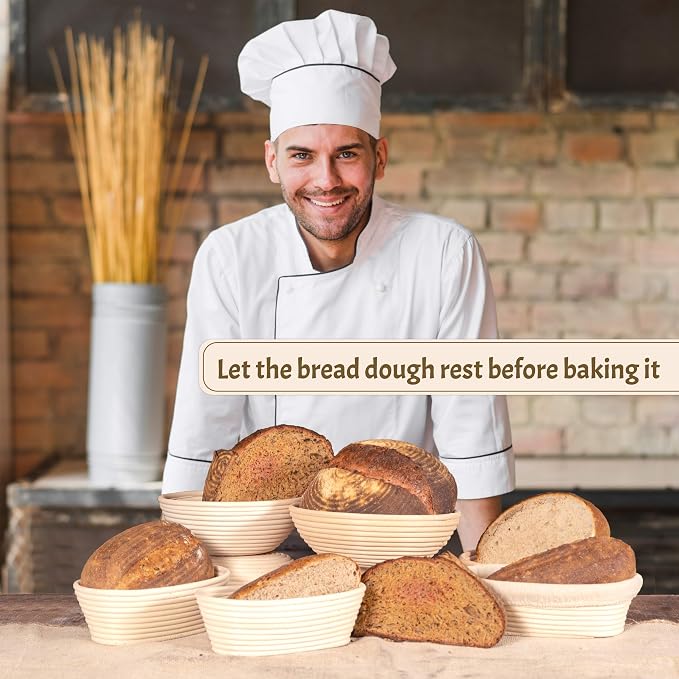 11" Oval Banneton Proofing Basket Set of 2 - Sourdough Starter Kit with Bread Lame, Danish Whisk, Metal & Bowl Scrapers, Cleaning Brush - Professional Artisan Baker Gift Set - Image 6