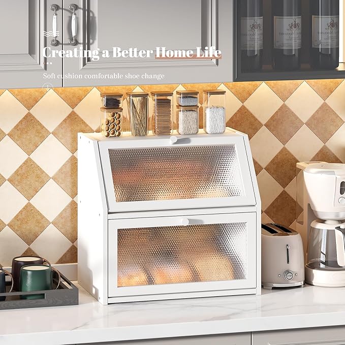STDDRE Bread Box for Kitchen Countertop Bin Double Layer Bread Box Storage Container Extra Large Capacity with Diamond Pattern Windows (White, Extra Large) - Image 3