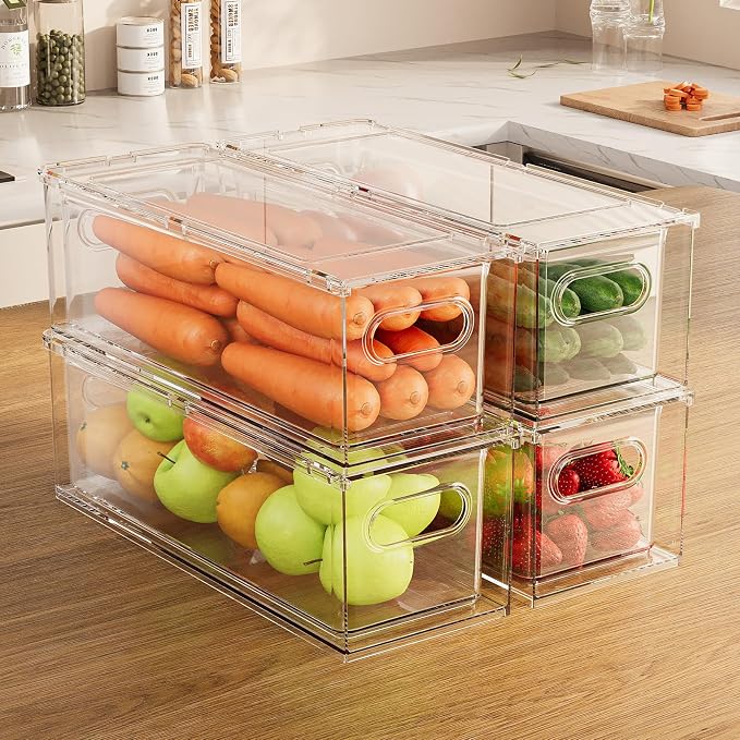 Refrigerator Organizer Bins with Pull-out Drawer 6 Pack Stackable Clear Fridge Drawer Organizer Fruit Vegetable Storage Containers for Kitchen Pantry Organization (2 Small) by GREENBY